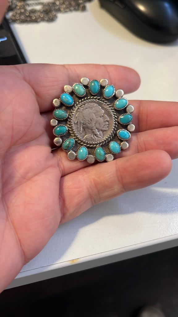 Navajo Buffalo Nickel bolo tie knoop met Turkoois, 4 tot 7 cm, Gebruikt, Ophalen of Verzenden, Met edelsteen