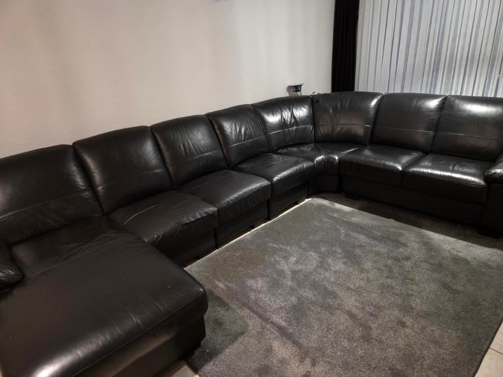 Zwarte Leren Hoekbank - Element Bankstel, Gebruikt, Hoekbank, 300 cm of meer, Leer