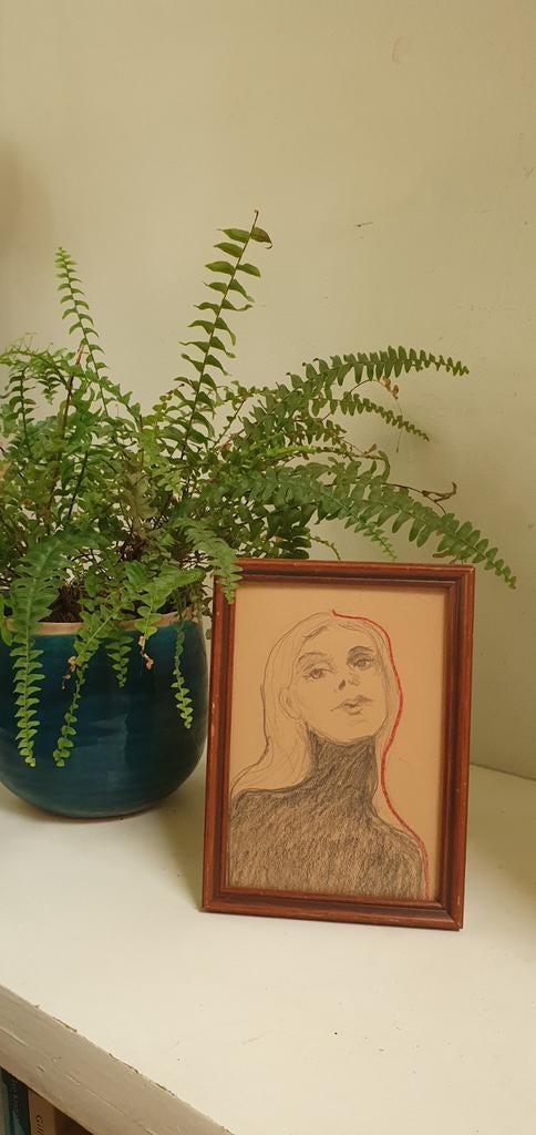 Portret kunst tekening origineel. In lijst, Antiek en Kunst, Kunst | Tekeningen en Foto's, Ophalen of Verzenden