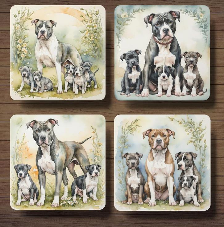 American Stafford met puppy’s onderzetters met houder, Huis en Inrichting, Woonaccessoires | Onderzetters, Nieuw, Glas of Kopje