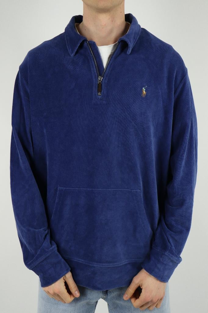 Ralph Lauren corduroy/velours trui met kwart rits - XL, -, Blauw, -, Ralph Lauren