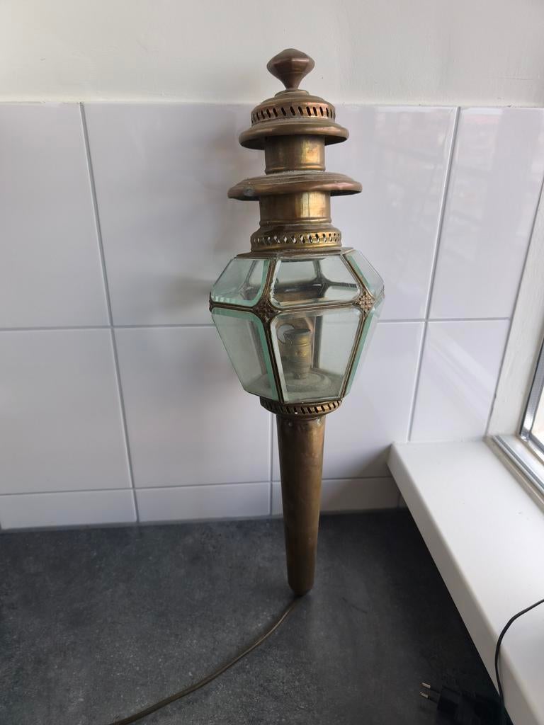 Messing rijtuigen lamp met geslepen glas, Ophalen of Verzenden