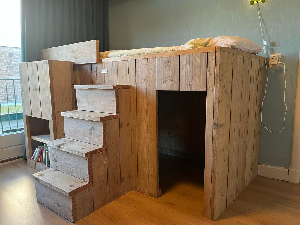 Stijgerhouten half hoogslaper met trap en opbergruimte, Ophalen, Gebruikt, Hoogslaper