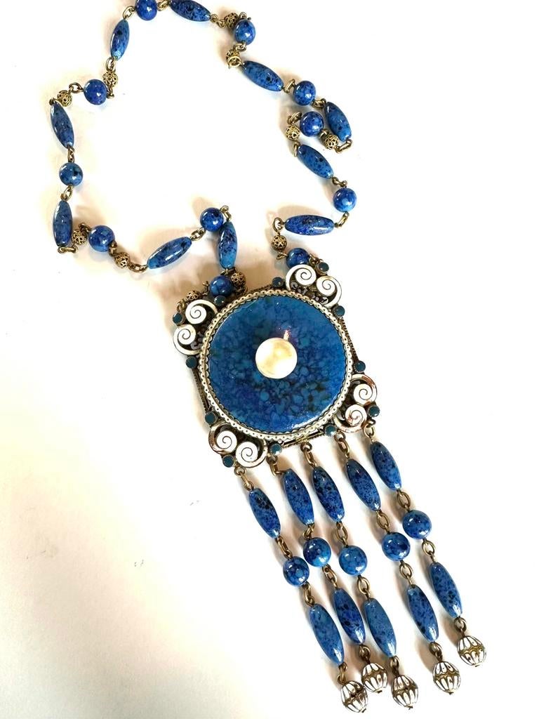 Art Deco Tsjechisch lapis lazuli glas ketting, Ophalen of Verzenden, Overige materialen, Ketting