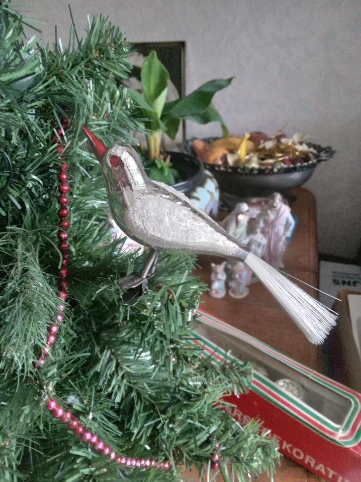 oude glazen kerstbal model zilveren vogel, Diversen, Kerst, Gebruikt, Ophalen of Verzenden