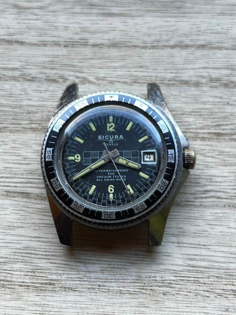 Vintage Sicura Submarine 400 "Skin Diver" Duikhorloge, Ophalen, Staal, Polshorloge, Overige merken