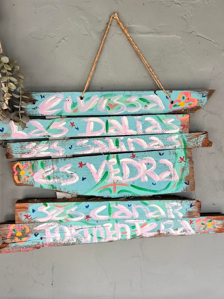 Uniek Ophangbord Ibiza Stranden - Handgeschilderd Hout, Ophalen of Verzenden, Gebruikt