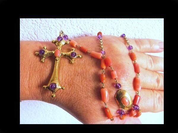 Bijzonder Zilveren/Verguld Ketting Engelen Koraal/Amethist!, Sieraden, Tassen en Uiterlijk, Antieke sieraden, Ketting, Zilver