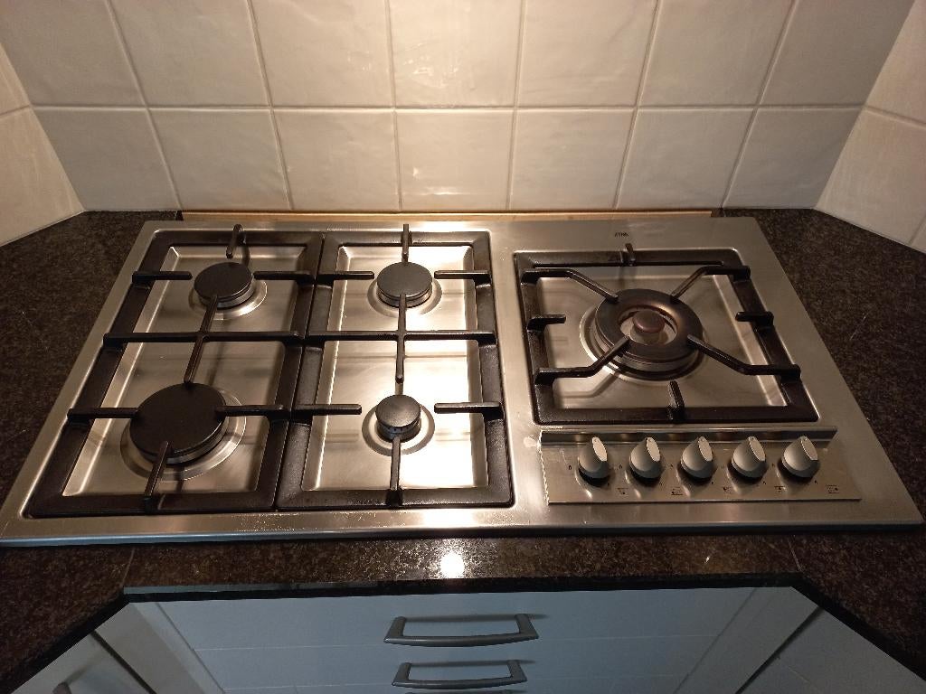 Gaskookplaat, RVS, 5 branders, Witgoed en Apparatuur, Fornuizen, Ophalen, Minder dan 85 cm, 60 cm of meer, Zo goed als nieuw