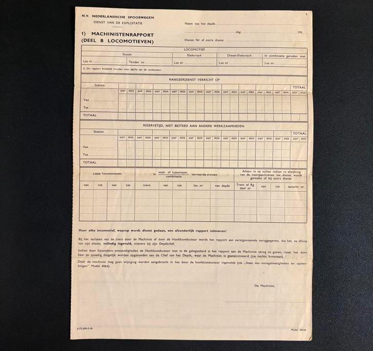 Blanco machinistenrapport voor locomotieven (1956), Verzamelen, Spoorwegen en Tramwegen, Zo goed als nieuw, Trein, Ophalen of Verzenden