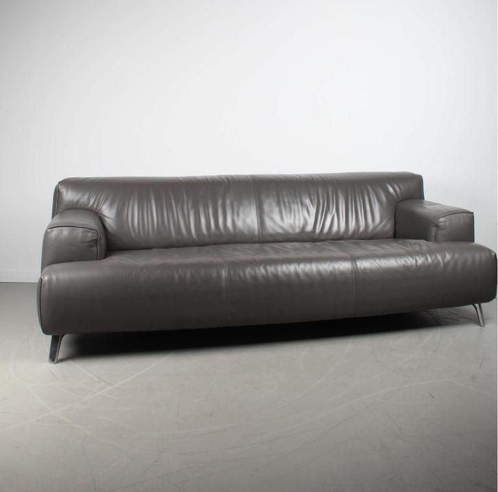 1x Leolux Oscar Bank 3 Zits (210cm) Grijs – Leer, Huis en Inrichting, Banken | Bankstellen, Gebruikt, Driepersoons, 200 tot 250 cm