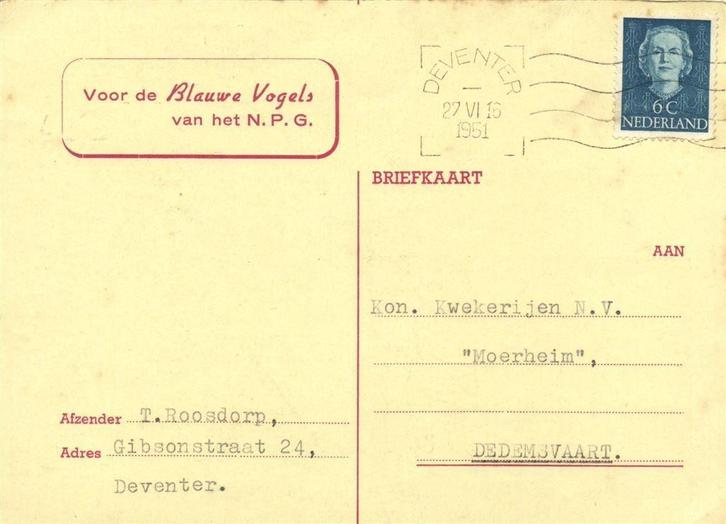 Blauwe Vogels van het N.P.G., Deventer - 06.1951 - briefkaar, Postzegels en Munten, Brieven en Enveloppen | Nederland, Envelop