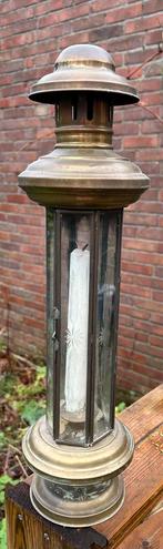 antieke koperen kaars lantaarn 6 gedecoreerde glazen ramen, Ophalen of Verzenden