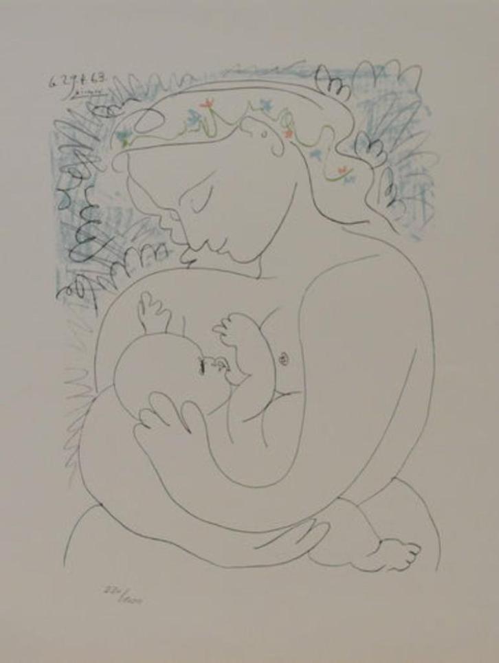 Picasso (1881) Kleur Lithografie " Moeder en Kind " Gen Ges, Antiek en Kunst, Kunst | Litho's en Zeefdrukken, Ophalen of Verzenden