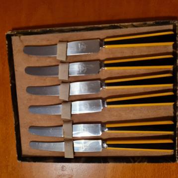 6 Vintage Ontbijtmesjes - Geel & Zwart - 17cm beschikbaar voor biedingen