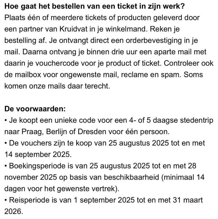 1x Tickets Kruidvat Stedentrip Praag, Berlijn of Dresden, Tickets en Kaartjes, Kortingen en Cadeaubonnen, Eén persoon, Overige soorten