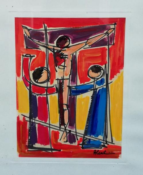 Crucifix Jezus. Abstract surrealisme. Sign. 37/43 cm., Antiek en Kunst, Kunst | Schilderijen | Abstract, Ophalen