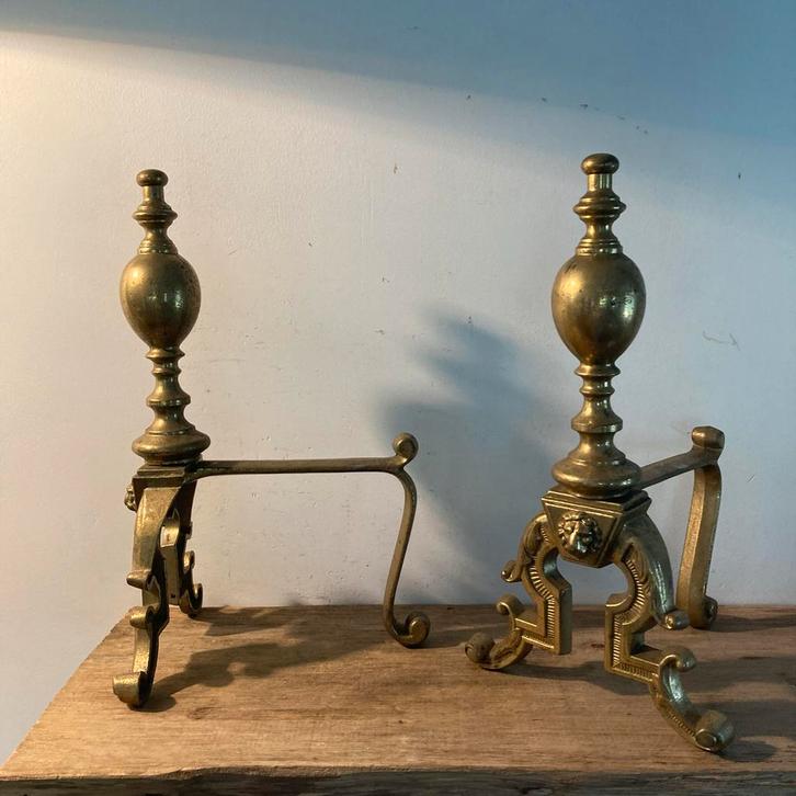 Antieke Koperen Haardbokken met Leeuwenkop, Antiek en Kunst, Curiosa en Brocante, Ophalen of Verzenden