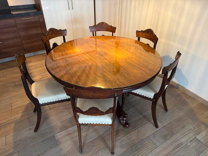 Antieke Eettafel met 6 Stoelen, Huis en Inrichting, Tafels | Eettafels, Gebruikt, 100 tot 150 cm, Vijf personen of meer, Rond