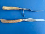 Vleesbestek met zilver bekroningen hertshoorn handvatten., Ophalen of Verzenden