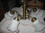 Hanglamp brons met 5 glazen kapjes. In prima staat., Ophalen, Zo goed als nieuw, Glas, Minder dan 50 cm