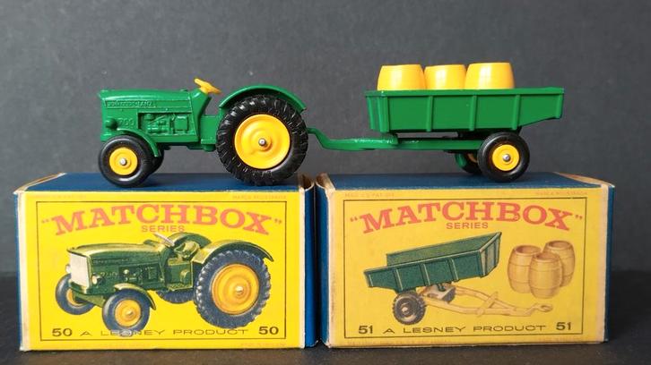 John Deere Tractor met kar Lesney Matchbox 50 & 51 Pol, Hobby en Vrije tijd, Modelauto's | Overige schalen, Zo goed als nieuw