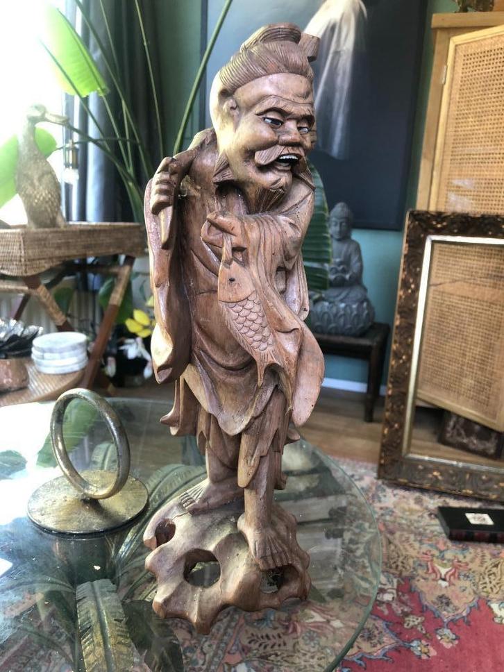 Antiek Houten Beeld – 35 cm – Aziatische Stijl, Verzamelen, Beelden en Beeldjes, Gebruikt, Mens, Ophalen of Verzenden