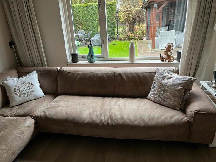 Mooie Hoekbank Stof/Leer Combinatie, Huis en Inrichting, Banken | Bankstellen, Gebruikt, Hoekbank, Vierpersoons of meer, 250 tot 300 cm