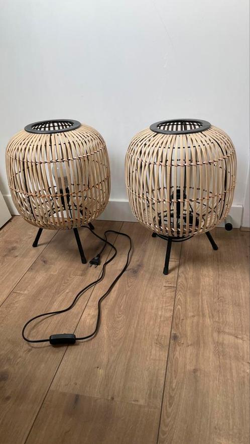 2 Bamboe tafellampen, Huis en Inrichting, Lampen | Tafellampen, Zo goed als nieuw, Minder dan 50 cm, Metaal, Ophalen of Verzenden