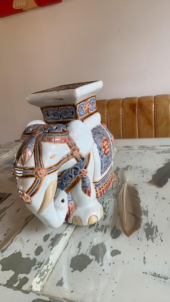 Vintage Keramiek Plantentafel Olifant, Tuin en Terras, Tuinbeelden, Gebruikt, Dierenbeeld, Overige materialen, Ophalen