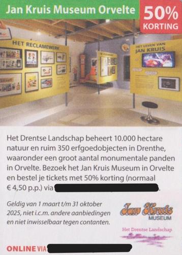 Jan Kruis Museum. Orvelte. 50% korting (normaal € 4,50 p.p.) beschikbaar voor biedingen
