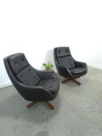 Zwarte skai kunstleder draaifauteuil uit Zweden vintage, Huis en Inrichting, Gebruikt, Vintage, 75 tot 100 cm, Ophalen of Verzenden
