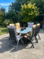 Tuinset met 6 stoelen en glazen tafel, Ophalen, Kunststof, Gebruikt, Eettafel