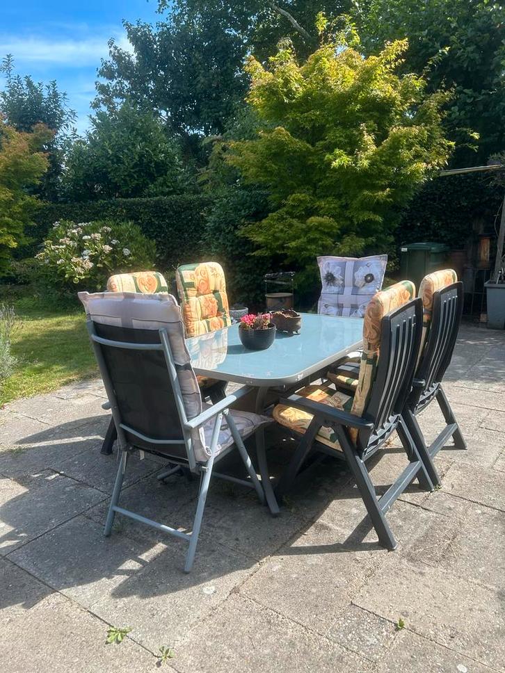 Tuinset met 6 stoelen en glazen tafel, Tuin en Terras, Tuinsets en Loungesets, Gebruikt, Tuinset, Kunststof, 6 zitplaatsen, Eettafel