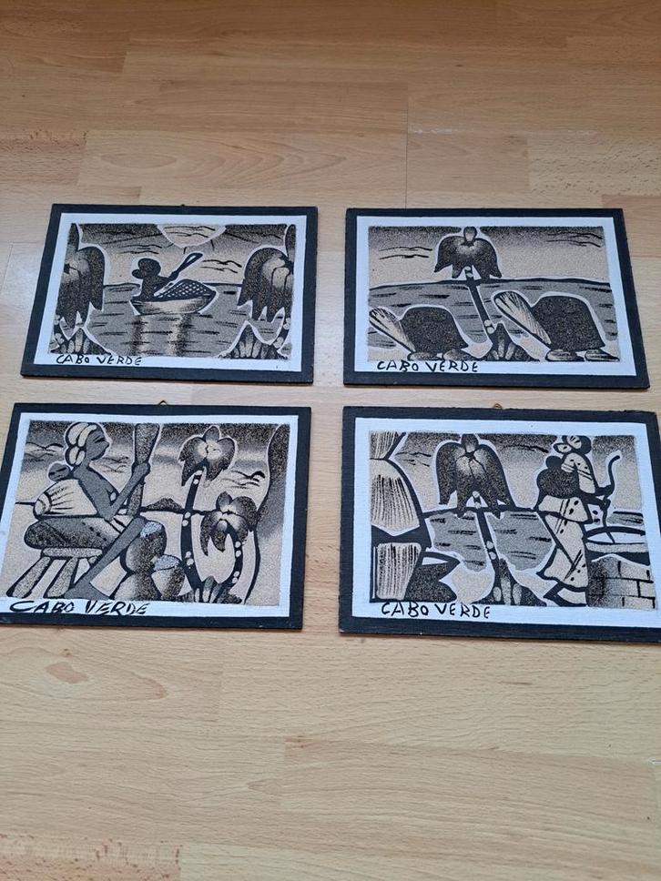 4 Cabo Verde Zandschilderijtjes, Antiek en Kunst, Kunst | Niet-Westerse kunst, Ophalen of Verzenden