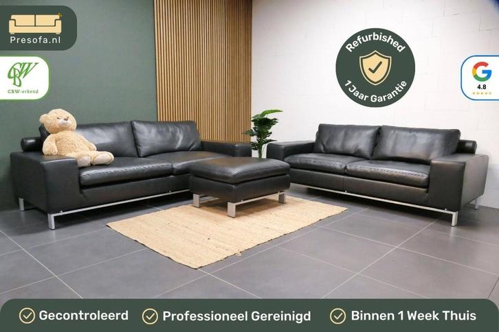 Leren Bank Set Montel 2 zits 3 zits Zwart [Refurbished], Huis en Inrichting, Banken | Bankstellen, Zo goed als nieuw, Rechte bank