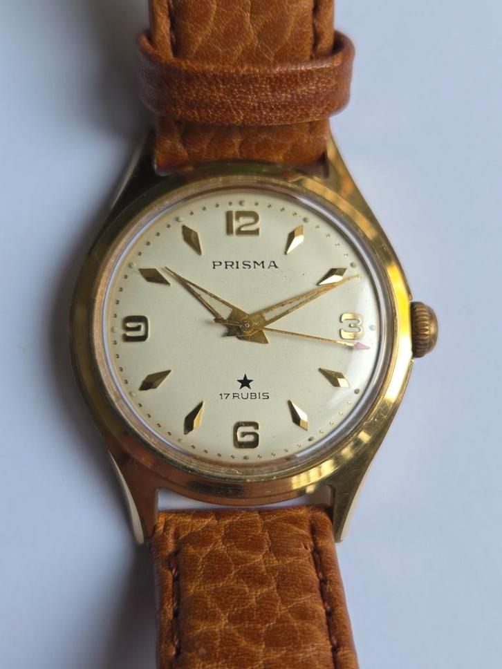 Prisma Vintage mechanisch horloge 32mm, Sieraden, Tassen en Uiterlijk, Horloges | Heren, Overige merken, Leer, Ophalen of Verzenden