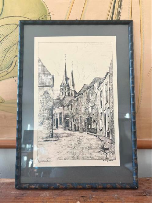 Tekening, Roggestraat Deventer, door H. Estgerbuh, Hubregtse, Antiek en Kunst, Kunst | Tekeningen en Foto's, Ophalen of Verzenden