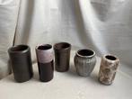 5 bruin beige aardewerk vaasjes vintage, Ophalen of Verzenden