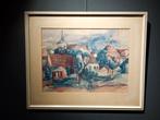 Aquarel schilderij van een dorp, Antiek en Kunst, Kunst | Schilderijen | Klassiek, Ophalen of Verzenden