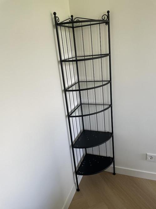Zwart metaal en glas hoekkast/rek 6-laags, Huis en Inrichting, Kasten | Stellingkasten, Zo goed als nieuw, Ophalen