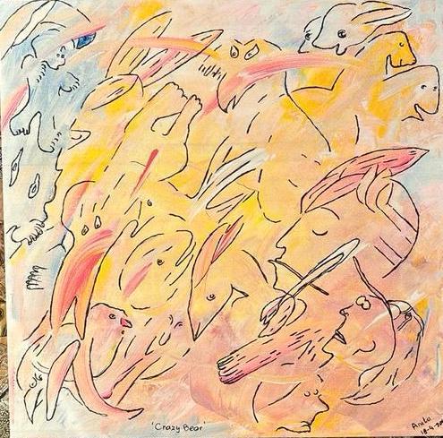 ‘crazy bear’ Schilderij afgedrukt op bamboe 50x50, Antiek en Kunst, Kunst | Schilderijen | Abstract, Ophalen of Verzenden