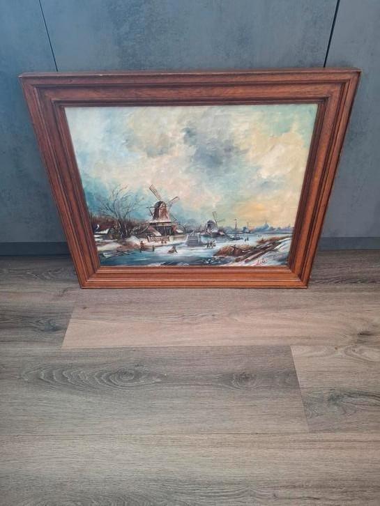Schilderij Kinderdijk met Eiken houten lijst, Antiek en Kunst, Kunst | Schilderijen | Klassiek, Ophalen of Verzenden