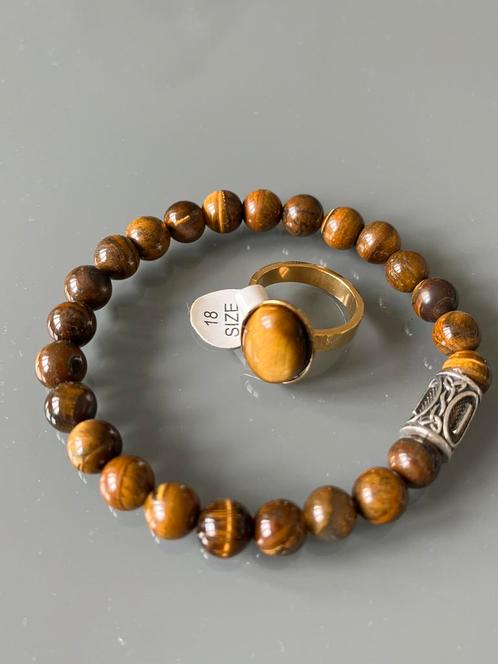 Leuke echte stenen ring mt 18 met tijgeroog armbandje, Sieraden, Tassen en Uiterlijk, Ringen, Nieuw, Dame, 17 tot 18, Overige kleuren