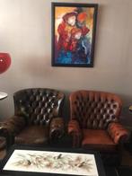CHESTERFIELDS TWEE IN EEN KOOP LEDER ORIGINEEL ENGELS, Huis en Inrichting, Fauteuils, Ophalen, 75 tot 100 cm