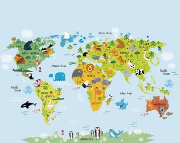Wereldkaart vliesbehang met dieren, 300x240, Muurdeco4kids beschikbaar voor biedingen