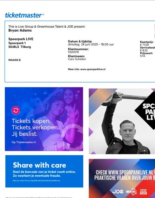 1 concertkaartje voor Bryam Adams in Tilburg op 24 juni., Tickets en Kaartjes, Concerten | Pop, Eén persoon, Juni