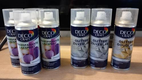 7 nieuwe Deco Craft spuitbussen, blanke lak en glitters (60), Doe-het-zelf en Verbouw, Verf, Beits en Lak, Nieuw, Lak, Ophalen of Verzenden
