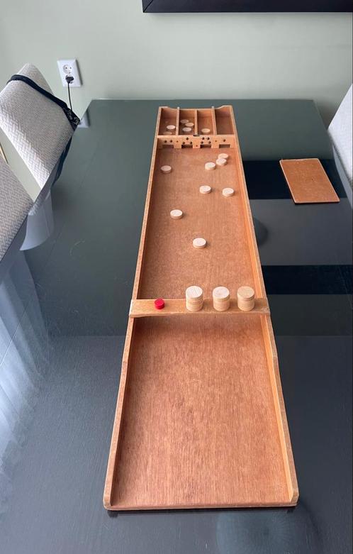 Houten sjoelbak 1,50, klein formaat, compleet met stenen, Hobby en Vrije tijd, Gezelschapsspellen | Overige, Gebruikt, Ophalen