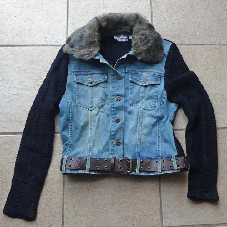 Yaya vest jeans met zwart kabelbreisel maat 44 (40), Kleding | Dames, Truien en Vesten, Gedragen, Maat 38/40 (M), Blauw, Ophalen of Verzenden